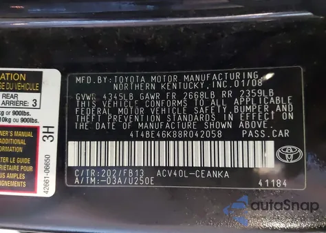 2008 Toyota Camry Le z USA, uszkodzony, nr VIN 4T4BE46K88R042058